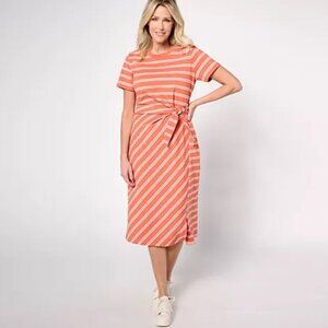 AnyBody Regular Tossed Stripe Cotton Knit Midi Dress Pearl/Lt Pink Large